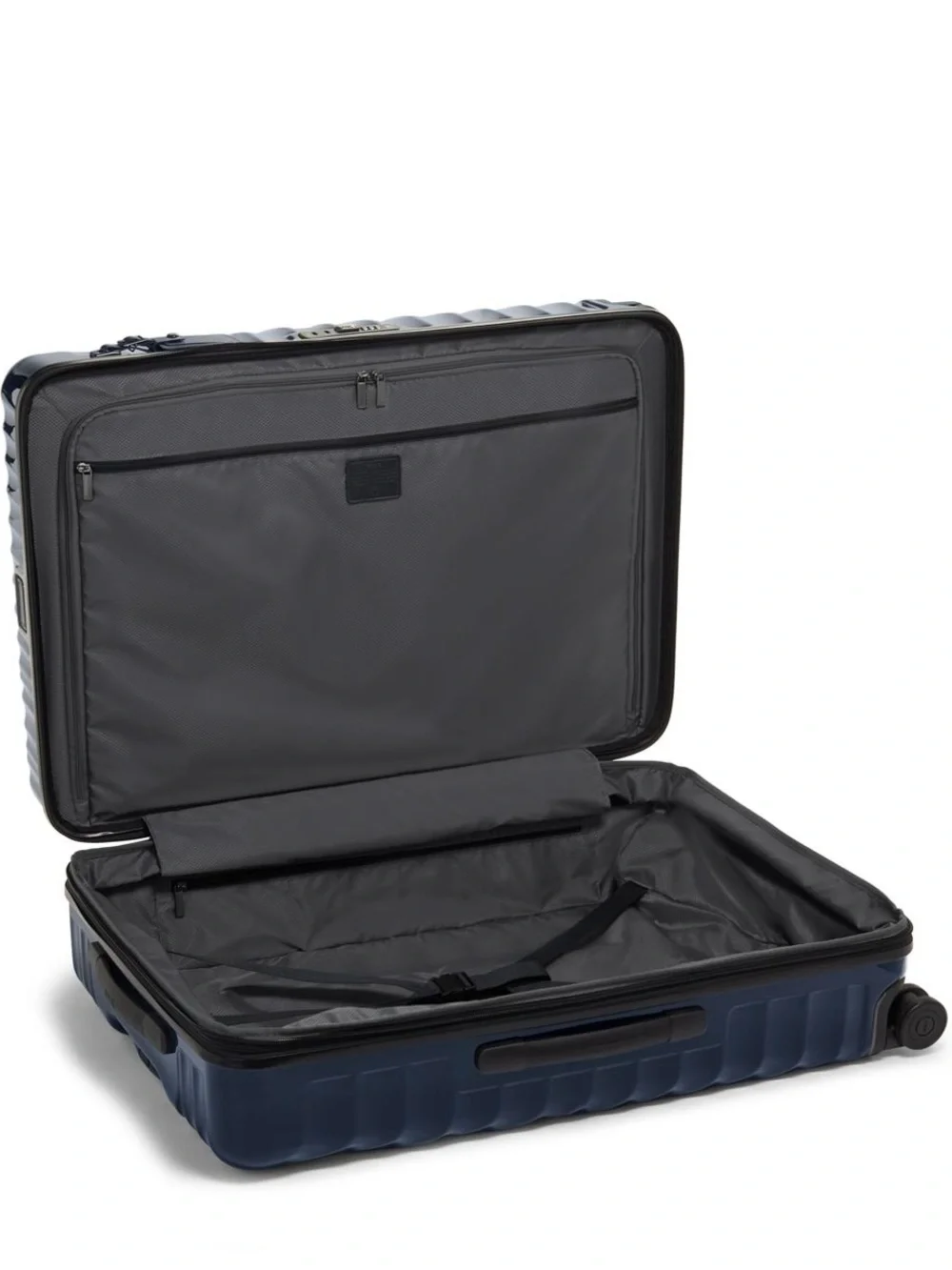 Tumi Large Expandable Checked Glossy Navy Hard-Shell Spinner Luggage suitcase